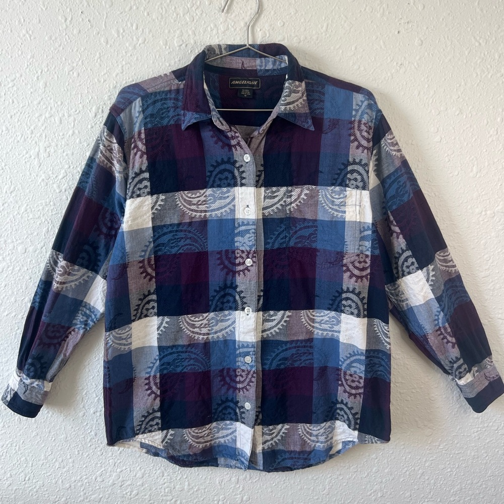 Vintage Paisley Plaid Cotton Button-Down Shirt Medium